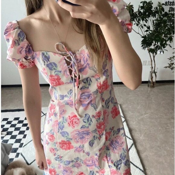 Zara Floral Off-Shoulder Puff Sleeve Dress, Size Large NWT - Picture 1 of 11